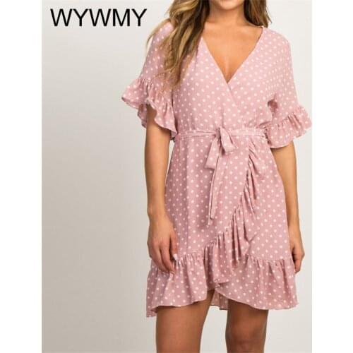 WYWMY Summer Chiffon Dress Boho Style Beach Dress Fashion Short Sleeve V-neck Polka Dot A-line Party Dress Sundress Vestidos