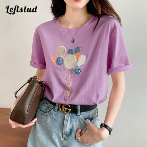 Embroidered sequins short-sleeved t-shirt women 2021 foreign style casual fashion pure cotton half-sleeved t-shirt ins tide