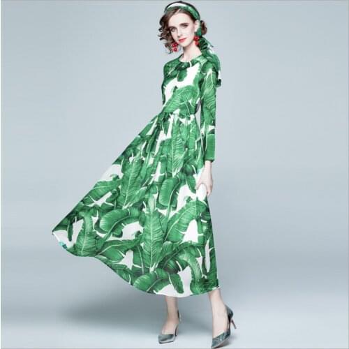 Womens Spring and summer Round Neck Long Sleeve Chiffon Dress Female Green Color Mid-Calf Dresses Ladies Printing Skirt Long