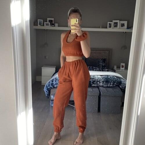 Halter Women Two Piece Cargo Pants Set With A Wristband Sexy Club Backless Cropped Top Cargo Trouser Matching Set 2021