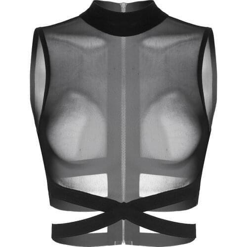 Women Sexy Bra Tops Vest Sleeveless Round Neck Sheer Mesh Zipper Back Criss Cross Crop Top Shirts Exotic See Through Clubwear
