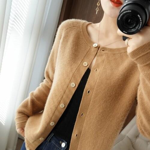 Womens sweater winter 100% wool cardigan round neck cashmere sweater casual solid color plus size ladies knitted pullover top