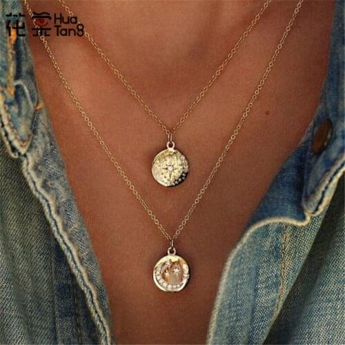 HuaTang Gold Chian Bohemian Star Moon Necklace Small Wafer Pendant Necklaces Layered Necklace Women Fashion Jewelry 6176