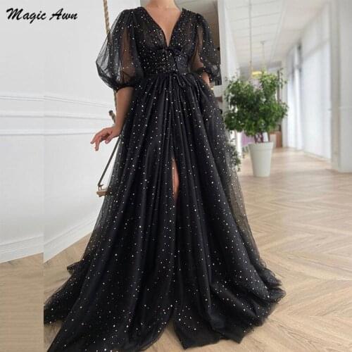 Magic Awn Starry Tulle Black Prom Dresses V-Neck Short Puffy Sleeves Shiny Evening Party Gowns Long Split Wedding Party Dresses