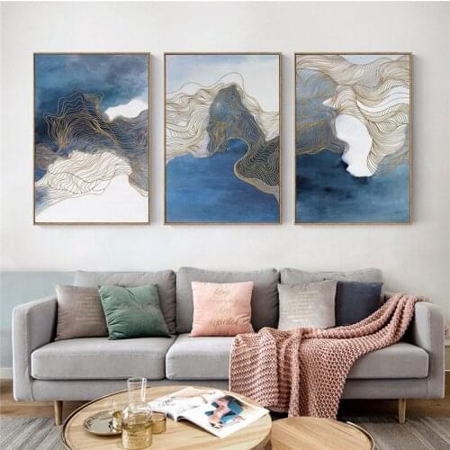 Abstract Lines Poster Gold Blue Wall Art Print Modern Style Canvas Ink Painting Nordic Decorative Picture Living Room Home Decor