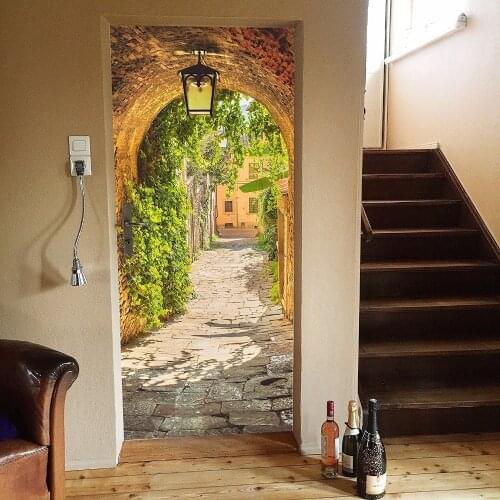 Free shipping 3D European town arch Door Sticker for Bedroom Living Room gift art PVC Waterproof Decal door wrap 77*200cm