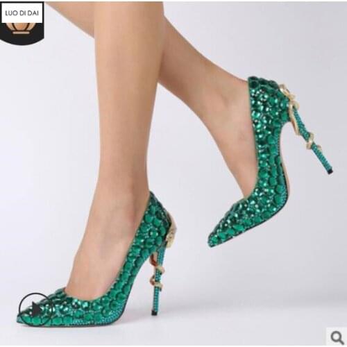 2020 glitter women bling bling high heels party shoes point toe pumps green crystal pumps diamond wedding dress shoes Cinderella