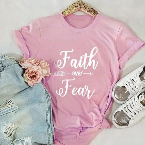 Large Size S-5XL New Faith Over Fear Letter T-shirt Ladies 100% Cotton O-neck Short Sleeve Summer T-shirt Top Casual T-shirt