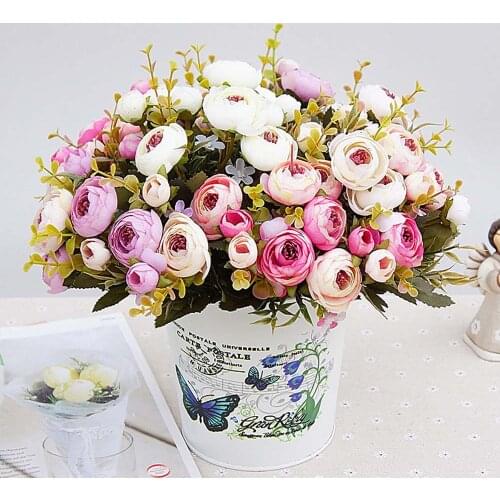 1 Bouquet Artificial Flowers Cheap Silk Plants European Fall Small Tea Bud Fake Leaf Wedding Home Party Vases for Decoration