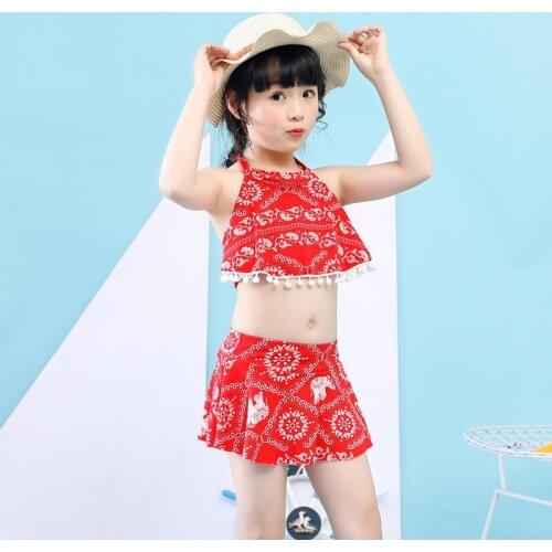 Red Bikini Cute Kids Swimwear for Girls Two-Piece Swimsuits Print Hot Spring Lovely Navy Blue Royal Blue Children Swimwear 2020