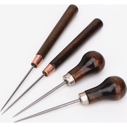 Hot! 2PCS Wooden Handle Awls DIY Leather Sewing Awl Shoes Repair Tool Hand Stitcher Leather Craft Awl Punch Hole Leather Tools