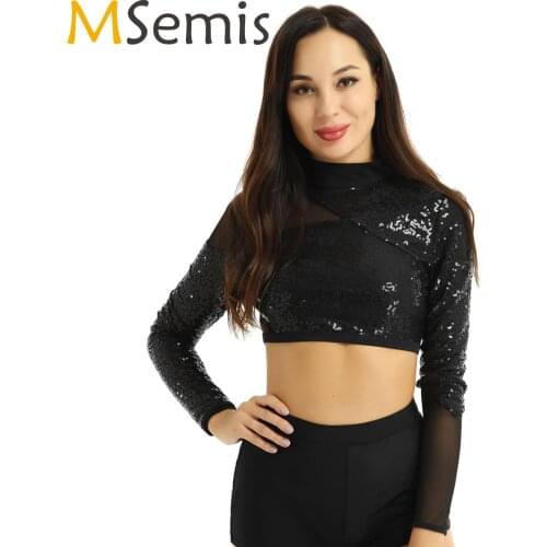 MSemis Women Ballet Crop Top Shiny Sequins Long Sleeves Keyhole Back Unique Mesh Spliced Dance Wear Club Rave Festival Costume