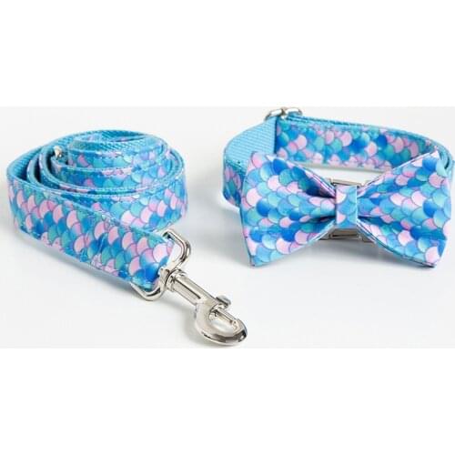 Personalized Mermaid Pattern Pet Dog Collar and Traction Rope Tie Set Pet Custom Dog Leash Bow For Small Medium Large Dogs Pug