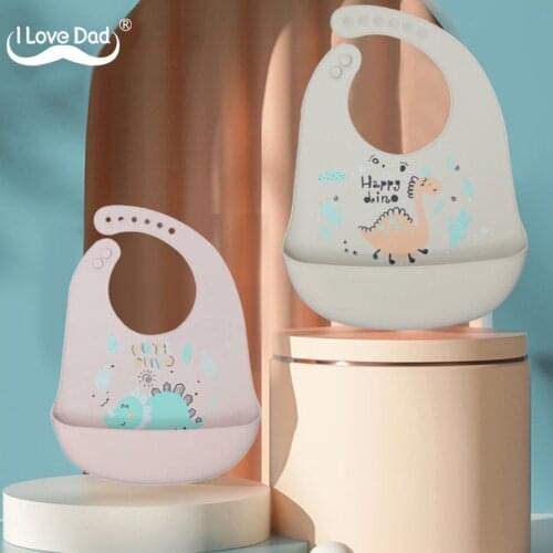 Cute Cartoon Dinosaur Printed Baby Bibs Waterproof Soft Silicone Kids Girl Boy Adjustable Children Bib Baby Lunch Feeding Stuff