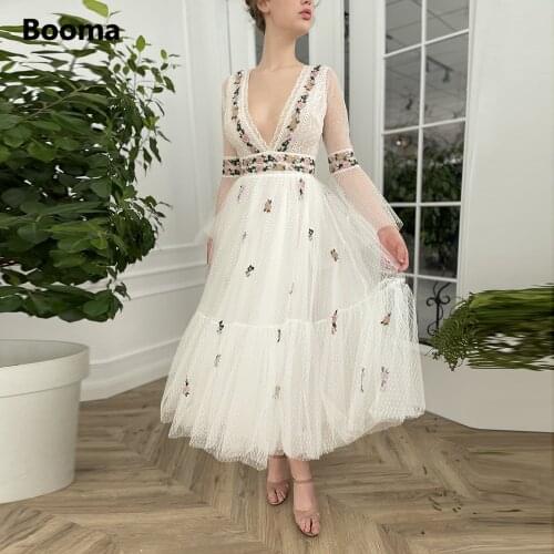 Booma Plunging V-Neck Dotted Tulle Midi Prom Dresses Long Poet Sleeves Appliques Low V-Back Tea-Length Wedding Party Dresses