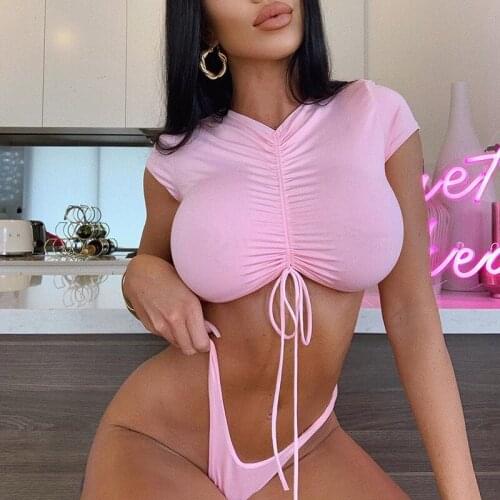 Misswim Sexy thong bikini set 2020 Pink swimsuit female Sports swimwear women Bathers Knot crop top Short sleeve bathing suit