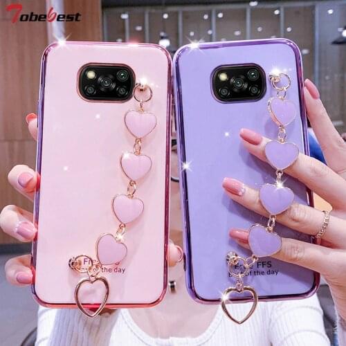 Fashion Love Bracelet Chain Plating Silicone Case for Xiaomi POCO X3 NFC X2 Pro M3 Coque Wrist Strap Soft TPU Cover