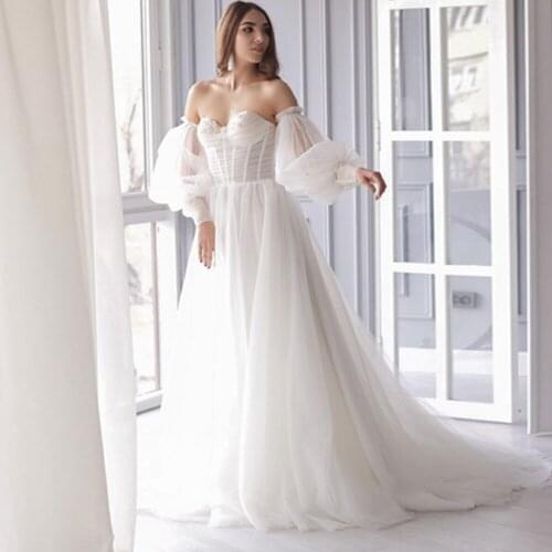Sexy 2 in 1 Tulle Wedding Dresses Detachable Puff Sleeves Lace Appliques Lace Up Back Sweep Train Formal Bridal Gowns 2021
