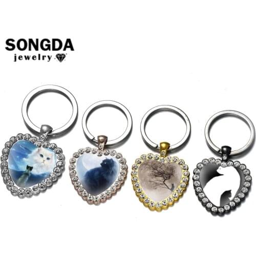 SONGDA Elegant Animal Cat & Moon Keychain Fashion Art Photo Glass Convex Rhinestone Heart Pendant Key Chain Bag Charm Decoration