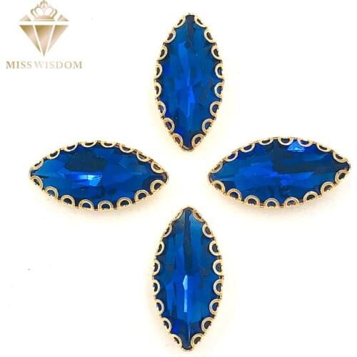 7X15mm Royal blue Leaf shape sew on rhinestones gold base with hole lacy claws glass crystal rhinestone Diy clothing accessories