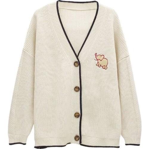 Womens Winter/Autumn Button Sweater Thicked Sweet Full Sleeve Sweaters Embroidery Cute Elephant Big Size Casual Top Clothes