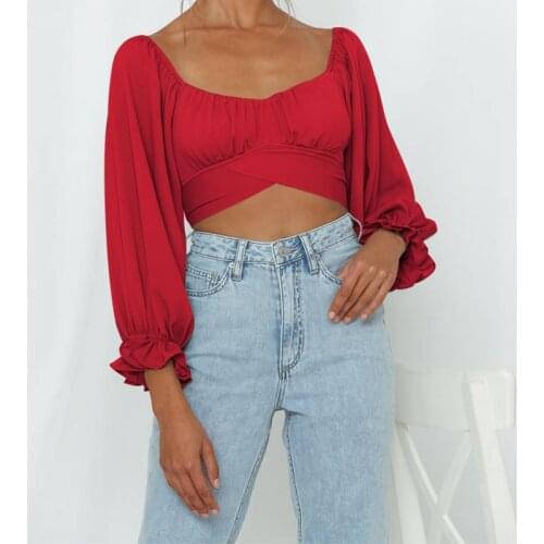 Street Hipster Sweet Lady Clothes Top Lantern Sleeve Square Collar Solid Color Women Shirt Spring New Sexy Backless Bandage Tops