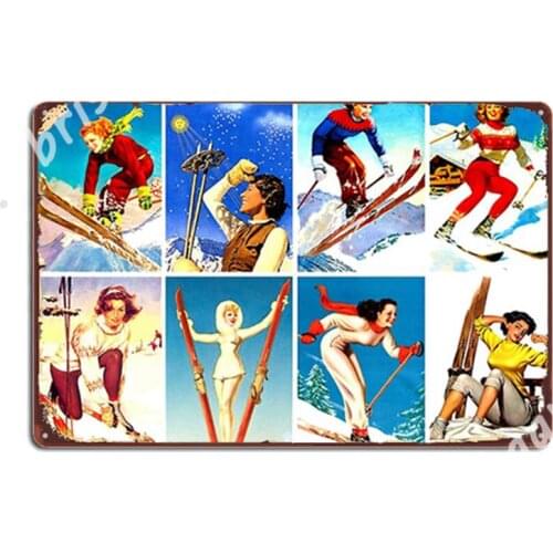 Vintage Ski Girls Montage Metal Signs Party Plates Wall pub Custom Tin sign Posters