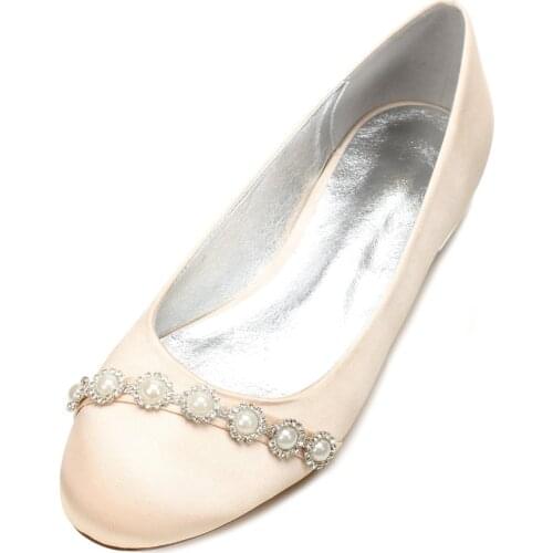 Creativesugar rounded toe satin flats with pearl chain elegant dress shoes low heel bridal wedding party prom lady shoes ivory