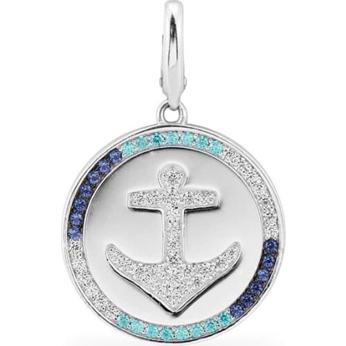 SLJELY Fashion Real 925 Sterling Silver Navy Blue & Lagoon Anchor Medal Clipping Charm Pendant Pave Zirconia Women Brand Jewelry