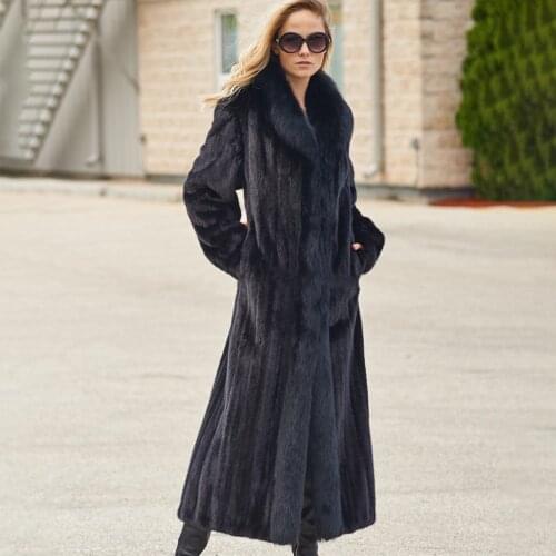 TOPFUR 100% Genuine Real Mink Fur Coat Black Long Sleeve With Fox Fur Collar 120 Cm Length Woman Winter Warm Jacket