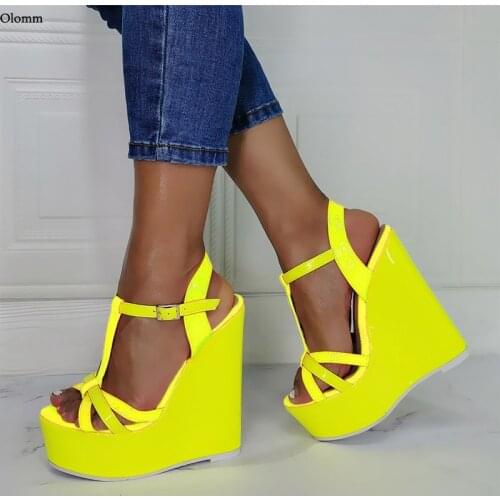Olomm Women Platform T-Strap Sandals Glossy Sexy Wedges Heel Open Toe Gorgeous 8 Color Party Shoes Women US Plus Size 5-20