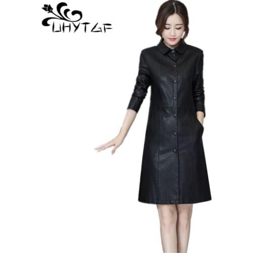 UHYTGF 2019 Spring Womens Leather Trench Coats Plus Size Woman Leather Coat tops Female Korean fashion Elegant Trench Coat X328