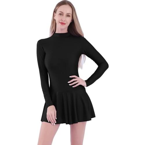 Aoylisey Women Ballet Dance Leotard With Skirt One Piece Long Sleeve Skirted Bodysuit Latin Unitard High Neck Gymnastics Dresses