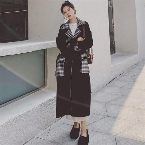 Popular stitching woolen Classic black plaid coat womens 2021 autumn winter new casual gentle all-match lady woolen coat femme