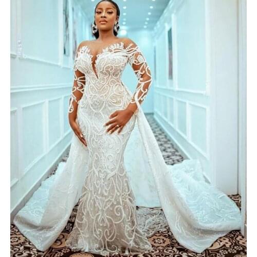 Plus Size Mermaid 2021 Wedding Gowns With Detachable Train Beaded Lace Appliqued Bridal Gown Custom Made Robe de mariée