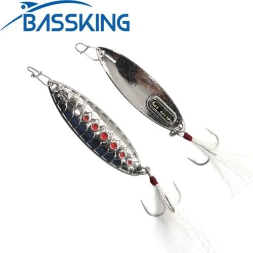 BASSKING 2PCS 10g 15g Metal Spoon Bait Sequins With Feathers Treble Hook Isca Artificial Bait Pesca Fishing Lure Fishing Wobbler