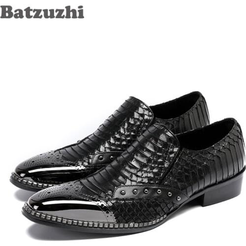 Batzuzhi New Men Shoes Silver Metal Toe Men Dress Shoes Genuine Leather Black Italian Fashion Business Oxford Shoes, EU38-46