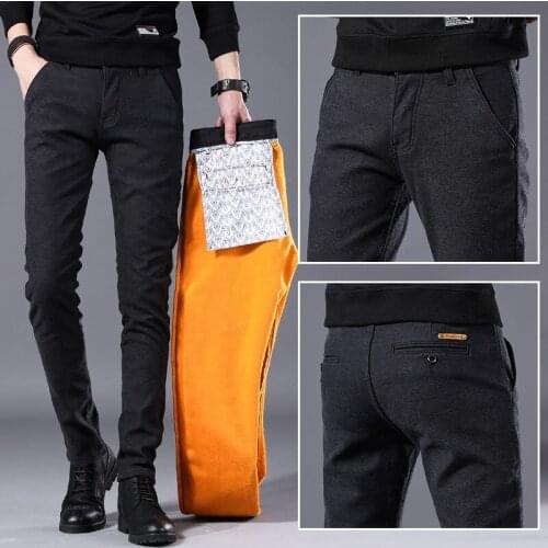 Brand Mens winter Fleece Fluff Thicken warm Casual Pants men Business Straight Elastic Thick Plaid cotton gray trousers male