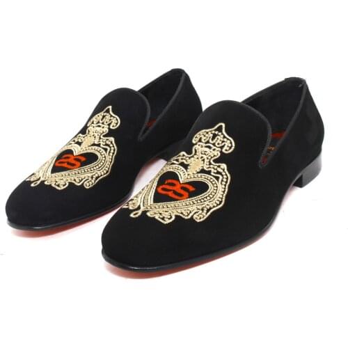 Handmade Black Suede Groom Wedding Shoes with Shenbins Crown Logo Gold Embroidery and Red Leather Soles & Insoles, Formal Shoes