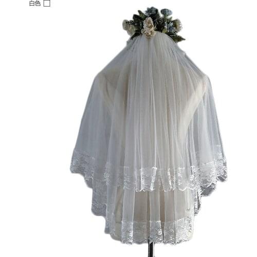 Cheap 2 Layers Tulle White Ivory Bridal Veils with Lace Edge 2021 Wedding Accessories Velo de Novia Casamento Wedding