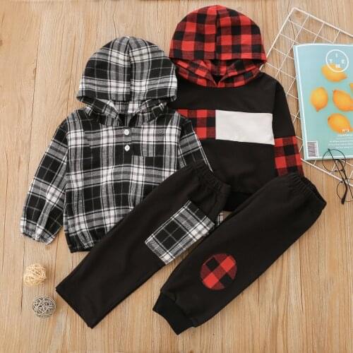 FOCUSNORM 0-5Y Autumn Casual Kids Boys Clothes Sets Plaid Printed Long Sleeve Hooded Tops Pants 2pcs Outfits