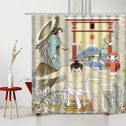 Japanese Shower Curtain Asia Sumo Wrestler Waterproof Polyester Fabric Bathtub Decoration Photography Background