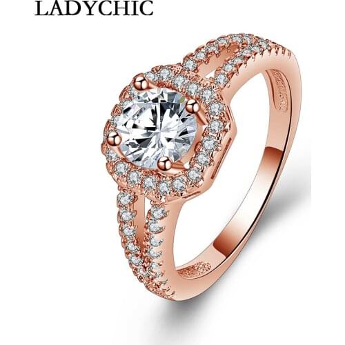 LADYCHIC Hot Sale Rose Gold Color Super Shiny Cubic Zircon Wedding Rings Fashion Jewelry Accessories for Women Promotion LR1036
