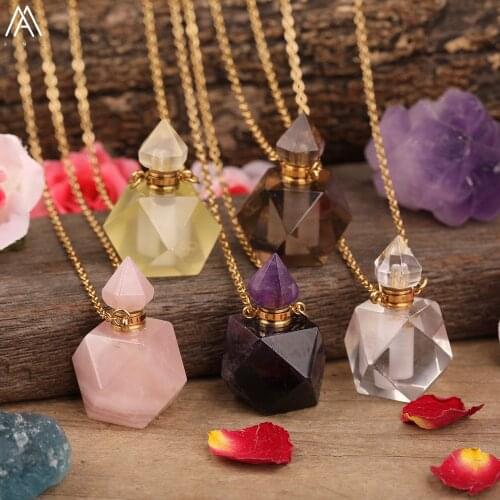 Faceted Natural Smoky Color Quartz Amethysts Crystal Perfume Bottle Pendant Gold Necklace Women Essential Diffuser Vial Jewelry