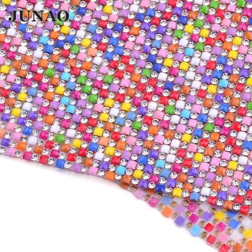 JUNAO 24*40cm Hotfix Glass Colorful Rhinestones Mesh Sheet Resin Crystal Ribbon Trims Iron On Patches Applique Decoration