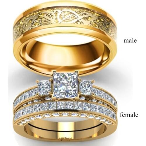 Fashion Couple Rings Vintage Stainless Steel Celtic Dragon Men Ring Elegant Square Cut Zircon Ring Set Bridal Engagement Gift