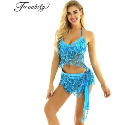 Belly Dance Latin Sequin Halter Top Bra Belt Hip Skirt Set Sexy Party Costume Tassel Carnival Rave Stage Performance Dance Wear