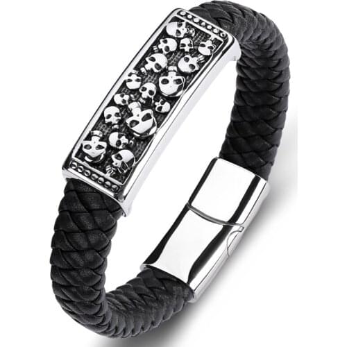 Multicolor Braided Leather Bracelet Men Punk Rock Jewelry Stainless Steel Skull Leather Bangles Boys Male Trendy Wristband P105