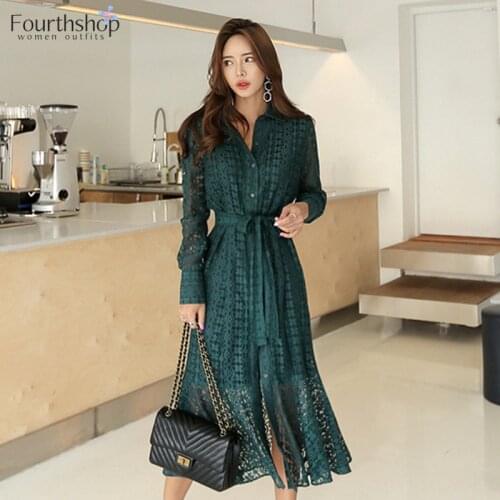 Fashion Hollow-out Lace Party Dress Women Long Sleeve Single Breasted Elegant White Green Loose Casual Dresses Female 2019