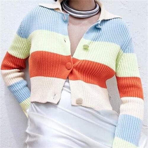 ZXQJ Women 2021 Fashion Striped Crop Knit Cardigan Sweater Vintage Long Sleeve Button-up Female Outerwear Chic Tops